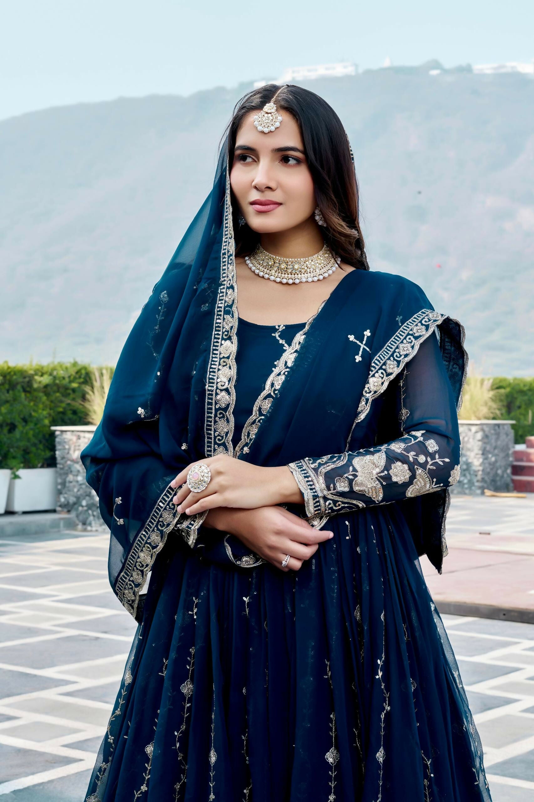 Teeya Creation Womens New Trendy Heavy Cording Sequence & Beads Embroidery Work Teal Gown Set - Dista