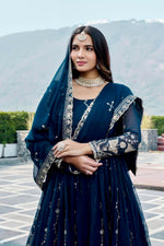 Thumbnail for Teeya Creation Womens New Trendy Heavy Cording Sequence & Beads Embroidery Work Teal Gown Set - Dista