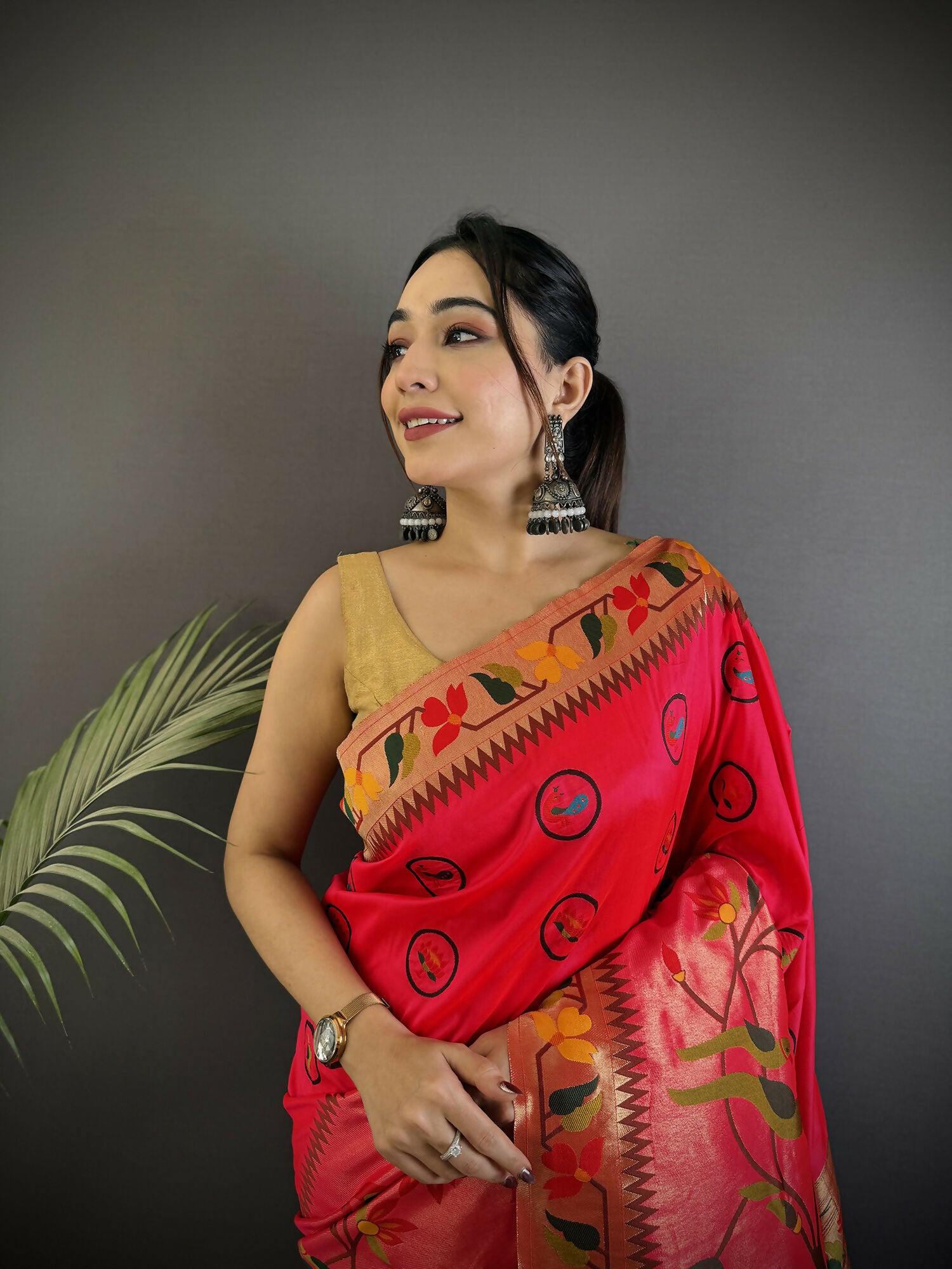 Joban Fashion Red Paithani Soft Silk Meenakari Saree