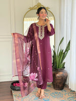 Thumbnail for The52 Wine Women's Gorgeous Rayon Fabric Embroidered Work Straight Kurta Pant and Dupatta Set - Distacart