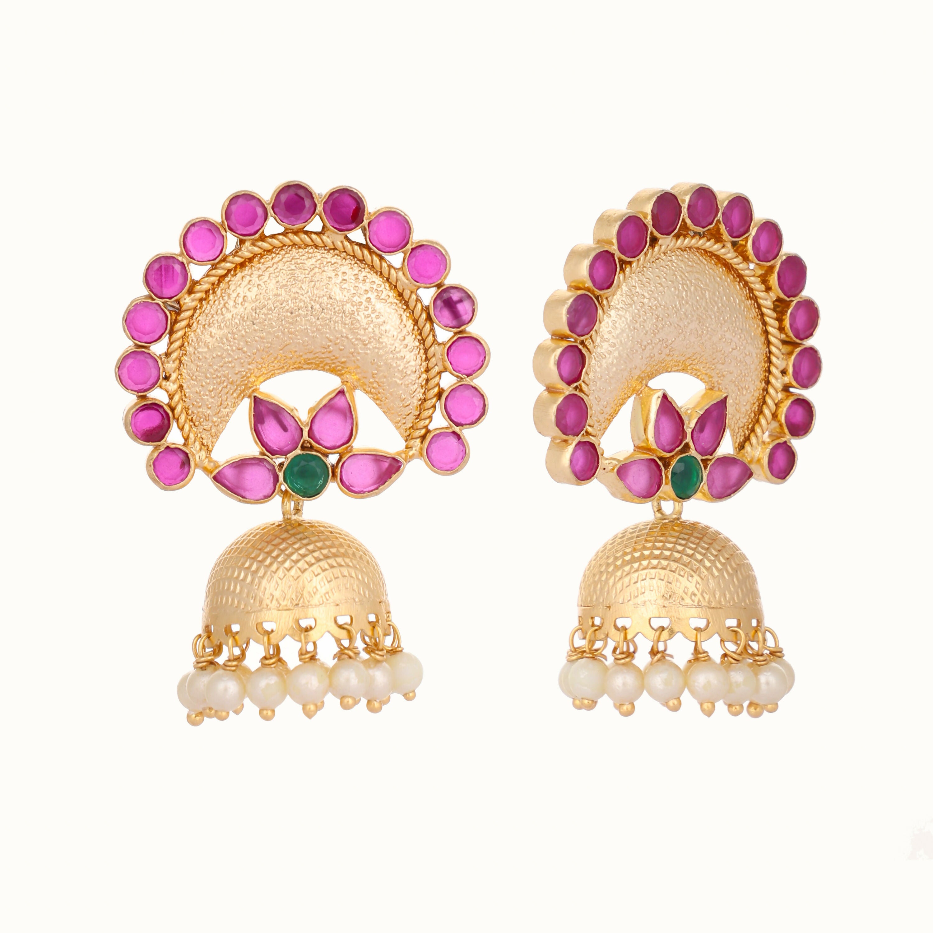 Nuyug 22K Gold Plated Ruby & Pearl Studded Dome Shaped Jhumkas