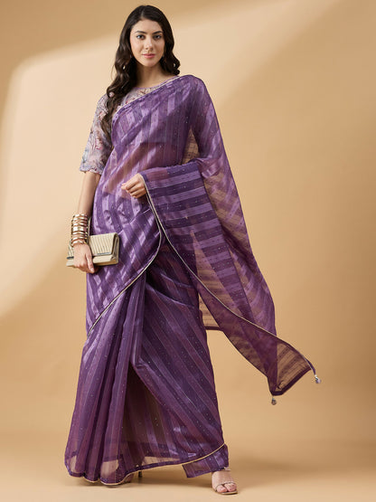 Purple Cotton Blend Sequence Work Saree with Stitched Blouse - Dharavi - Distacart