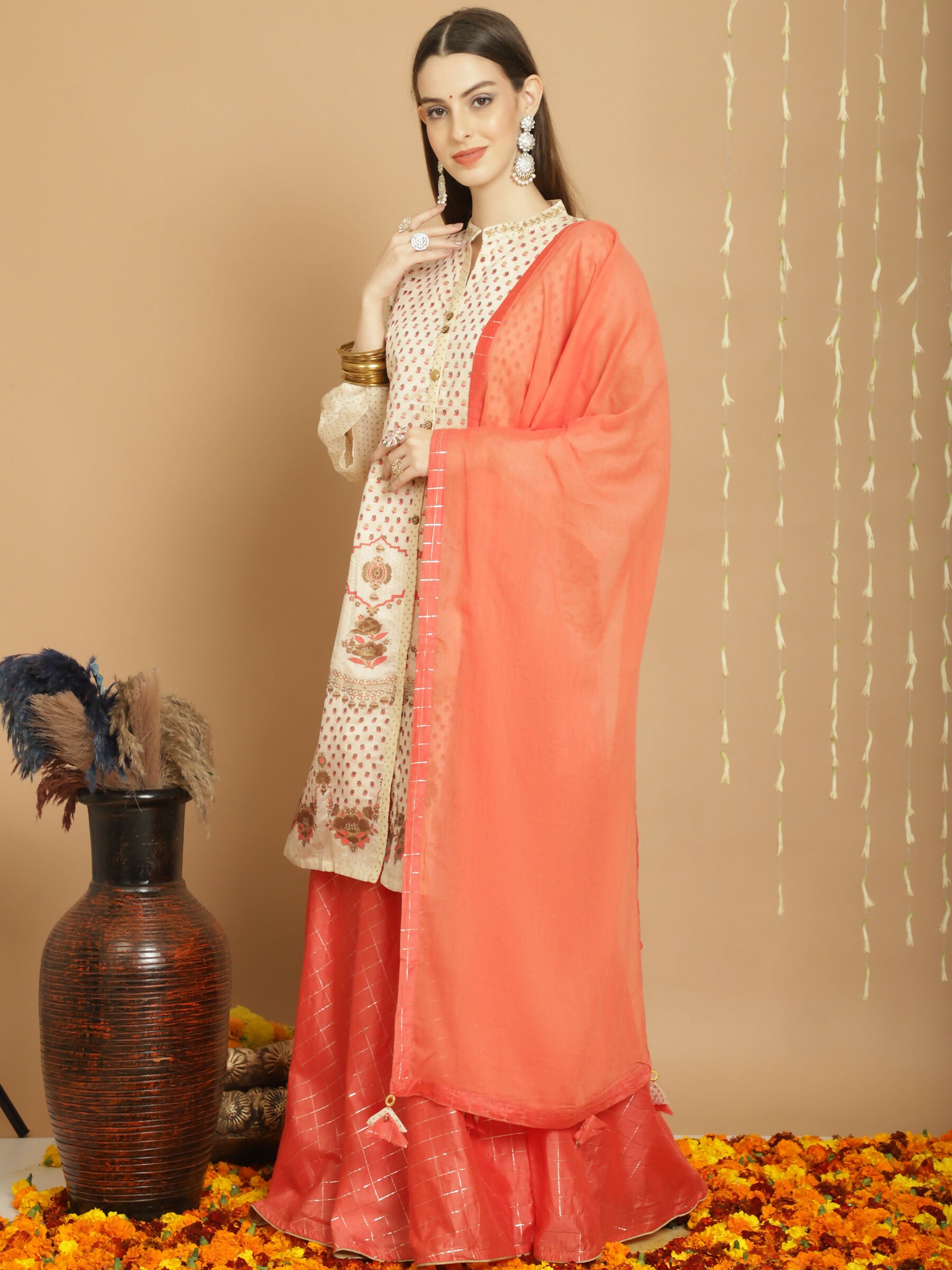 Jyoti Fashion Women's Cream Chanderi Silk Elegant Jardoshi Semi Kurta with Trouser & Dupatta - Distacart