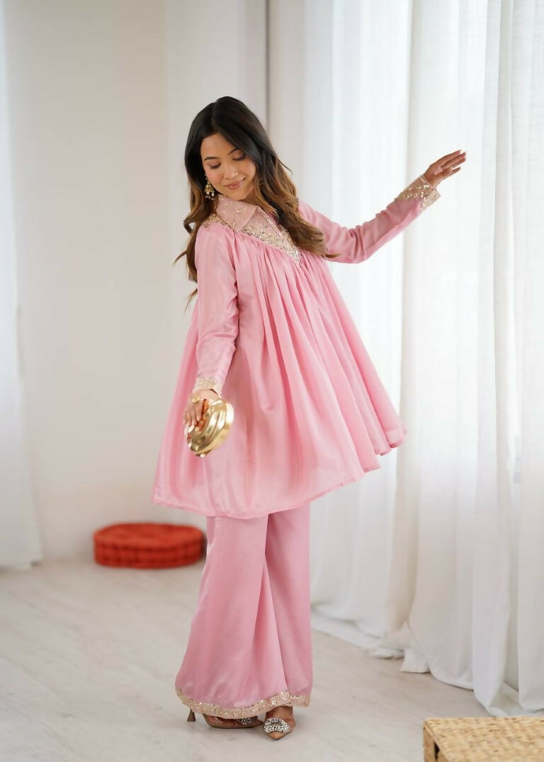 Teeya Creation Baby Pink Heavy Chinnon Silk Embroidery Work Plazo pair