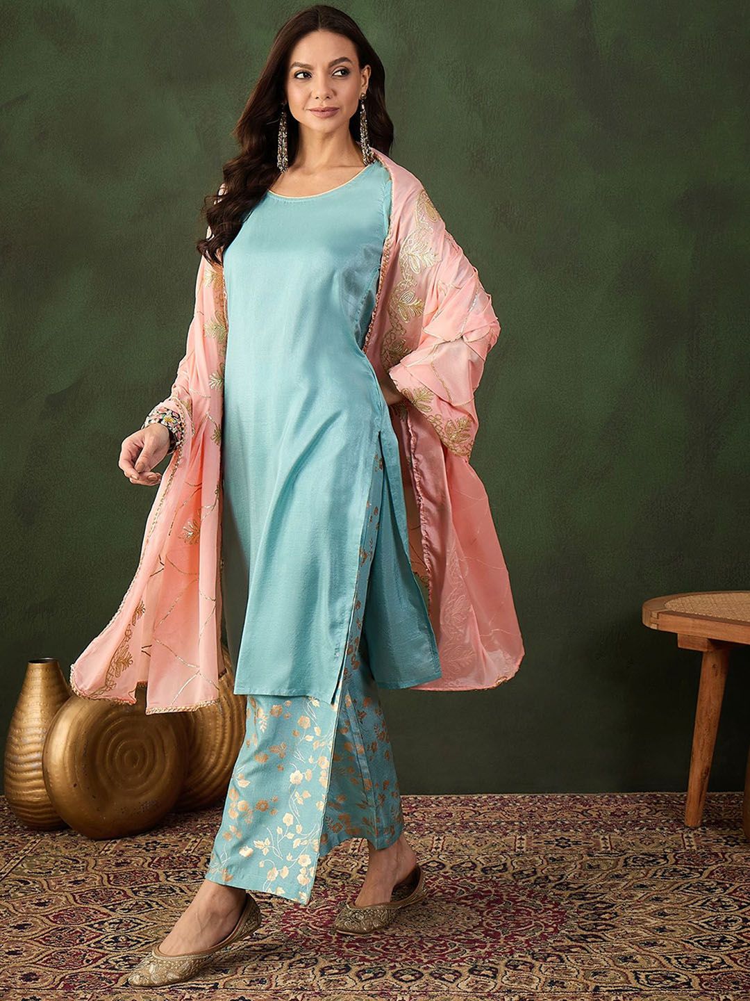 Sangria Woven Design Kurta & Palazzo With Dupatta