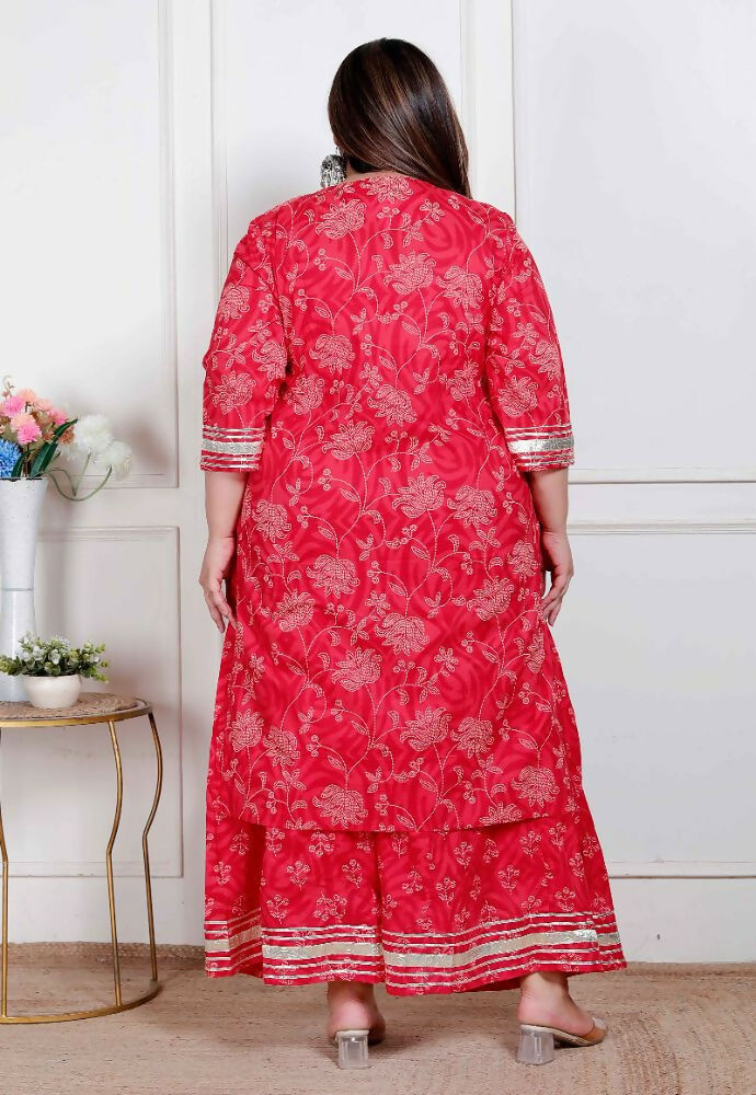 Miravan Plus Size Red Floral Print Embroidered Cotton Straight Kurta With Palazzo & Dupatta - Distacart