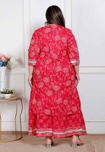 Thumbnail for Miravan Plus Size Red Floral Print Embroidered Cotton Straight Kurta With Palazzo & Dupatta - Distacart