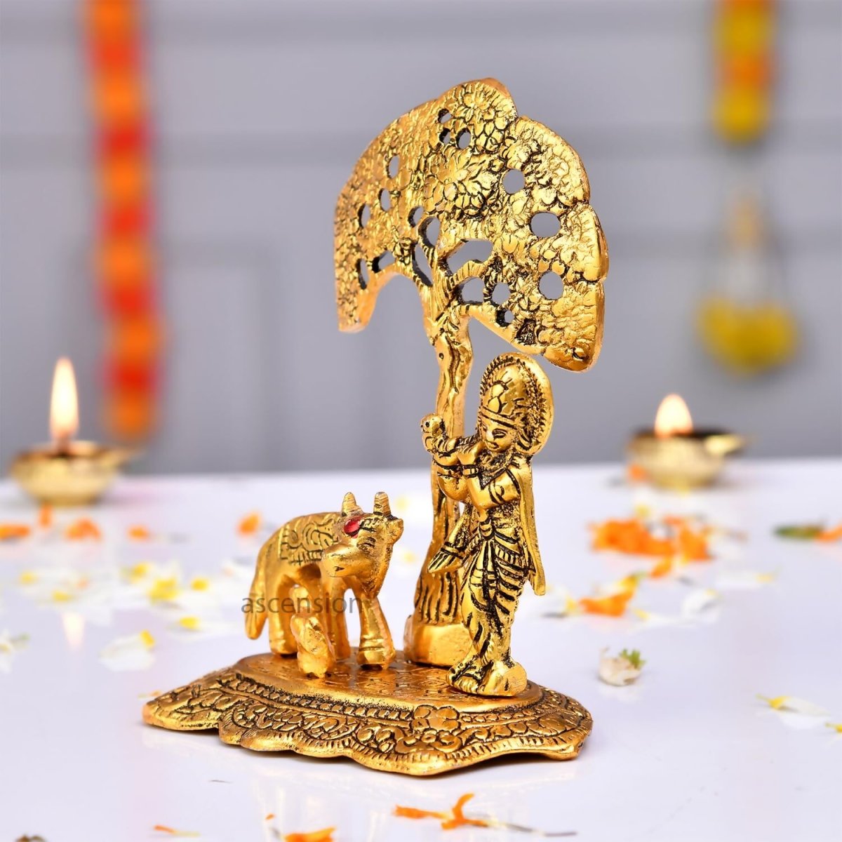 Ascension Designer Metal Cow Calf and Krishna Idol - Distacart