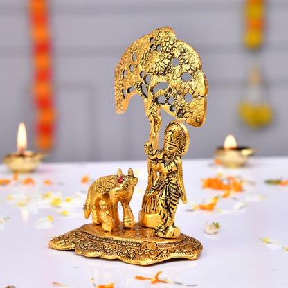 Ascension Designer Metal Cow Calf and Krishna Idol - Distacart