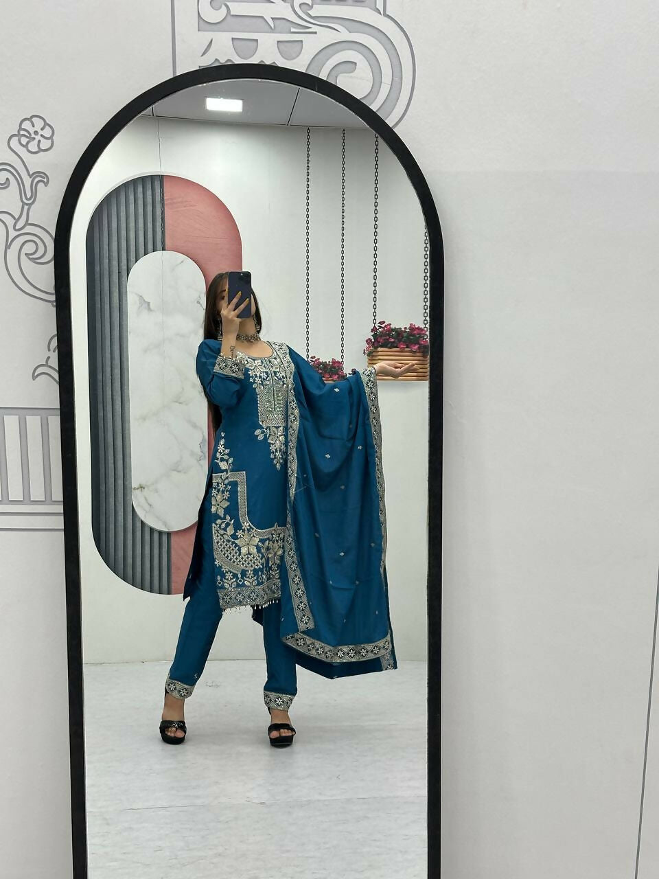 Teeya Creation Womens New Wedding Wear Heavy Embroidery Thread Work Teal Kurta Set - Dista
