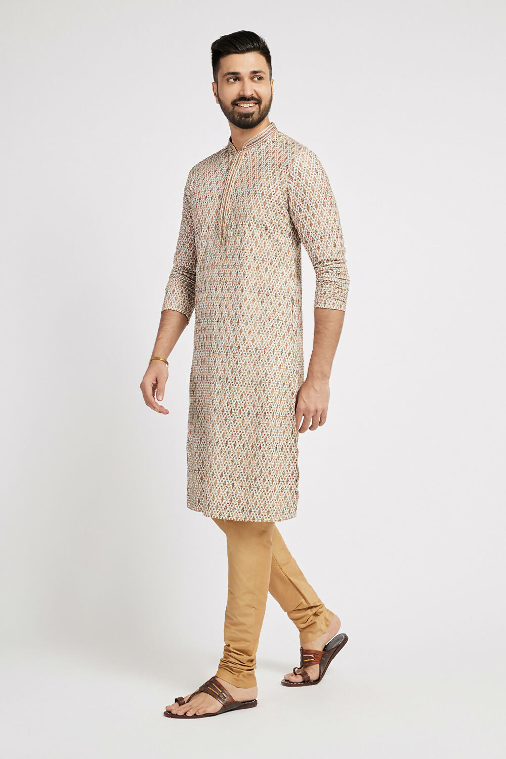 Ethnic India Beige Men's Kurta Embellished Viscose Rayon - Distacart