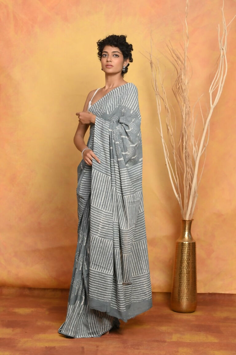 Very Much Indian Handblock Printed Cotton Saree With Natural Dyes - Grey - Distacart