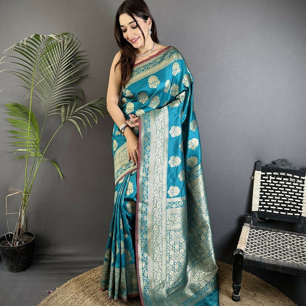 Joban Fashion Teal Ethnic Floral Motifs Soft Lichi Silk Banarasi Saree - Distacart