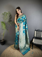 Thumbnail for Joban Fashion Teal Ethnic Floral Motifs Soft Lichi Silk Banarasi Saree - Distacart