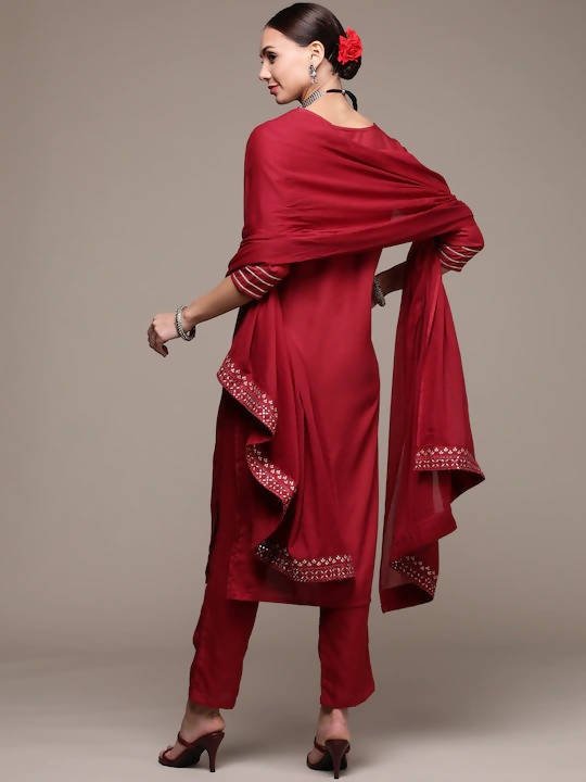 Anubhutee Maroon Floral Embroidered Mirror Work Kurta with Trousers & With Dupatta - Distacart