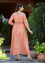 Thumbnail for Kaajh Women's Light Orange Floral Handblock Printed Cotton Dress - Distacart