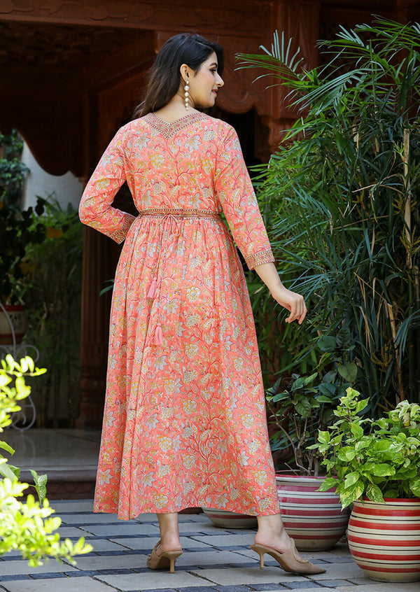 Kaajh Women's Light Orange Floral Handblock Printed Cotton Dress - Distacart