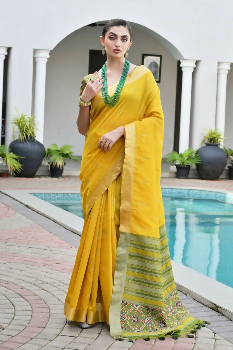 Vishnu Weaves Women's Yellow Raw Silk Patola Zari Woven Saree with Blouse