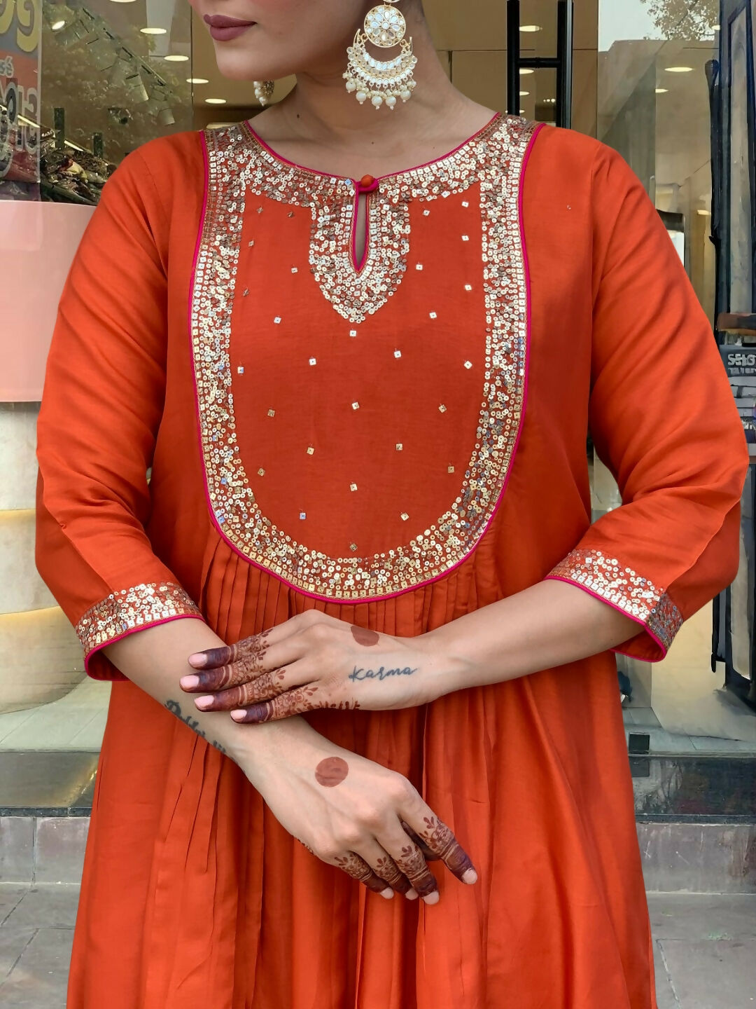 The52 Rust Women's Gorgeous Embroidered Work Chanderi Fabric Flared Kurta Pant and Dupatta Set