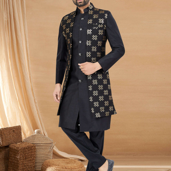 Joban Fashion Men's Black Heavy Art Silk Plain Indowestern - Distacart