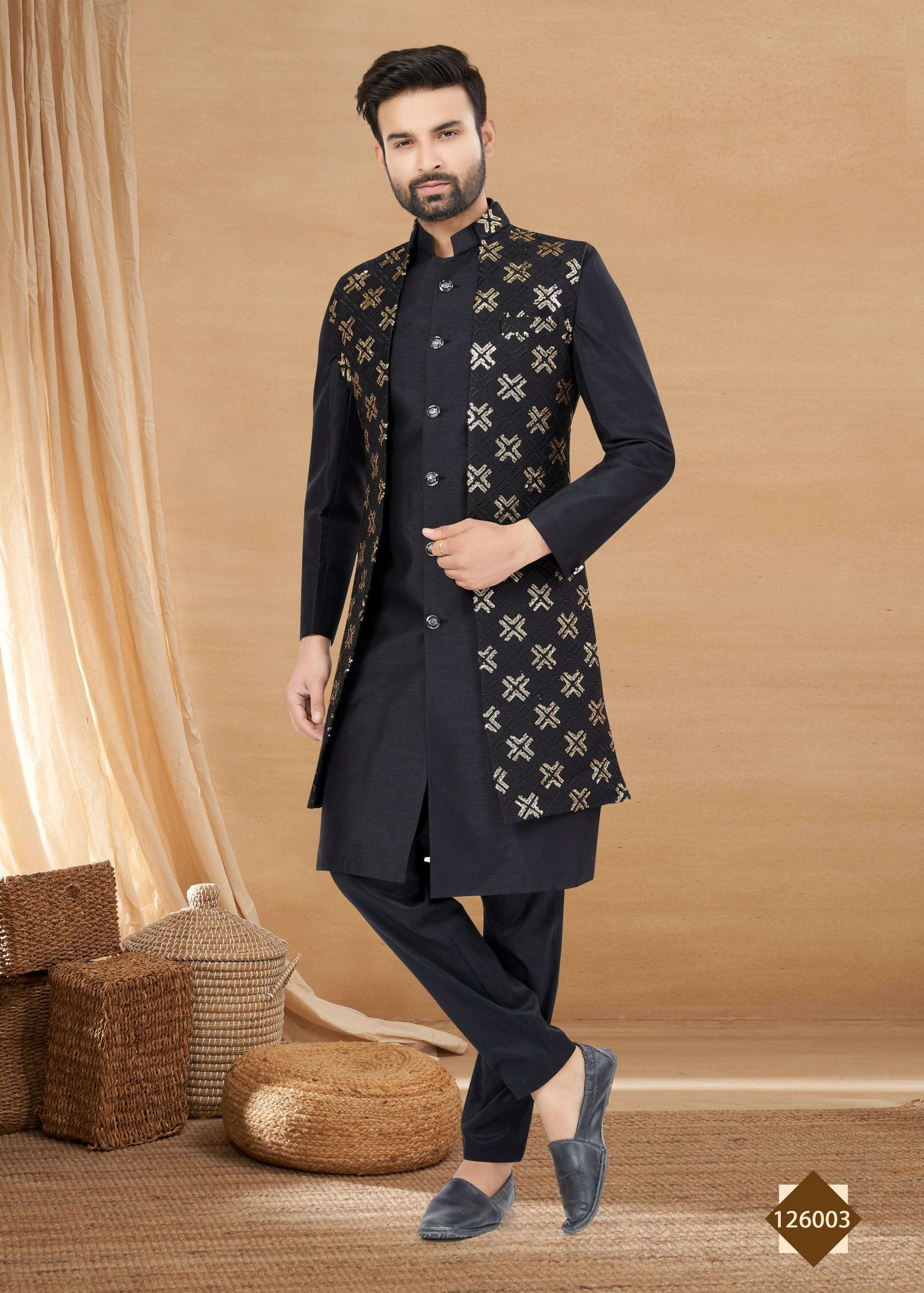 Joban Fashion Men's Black Heavy Art Silk Plain Indowestern - Distacart