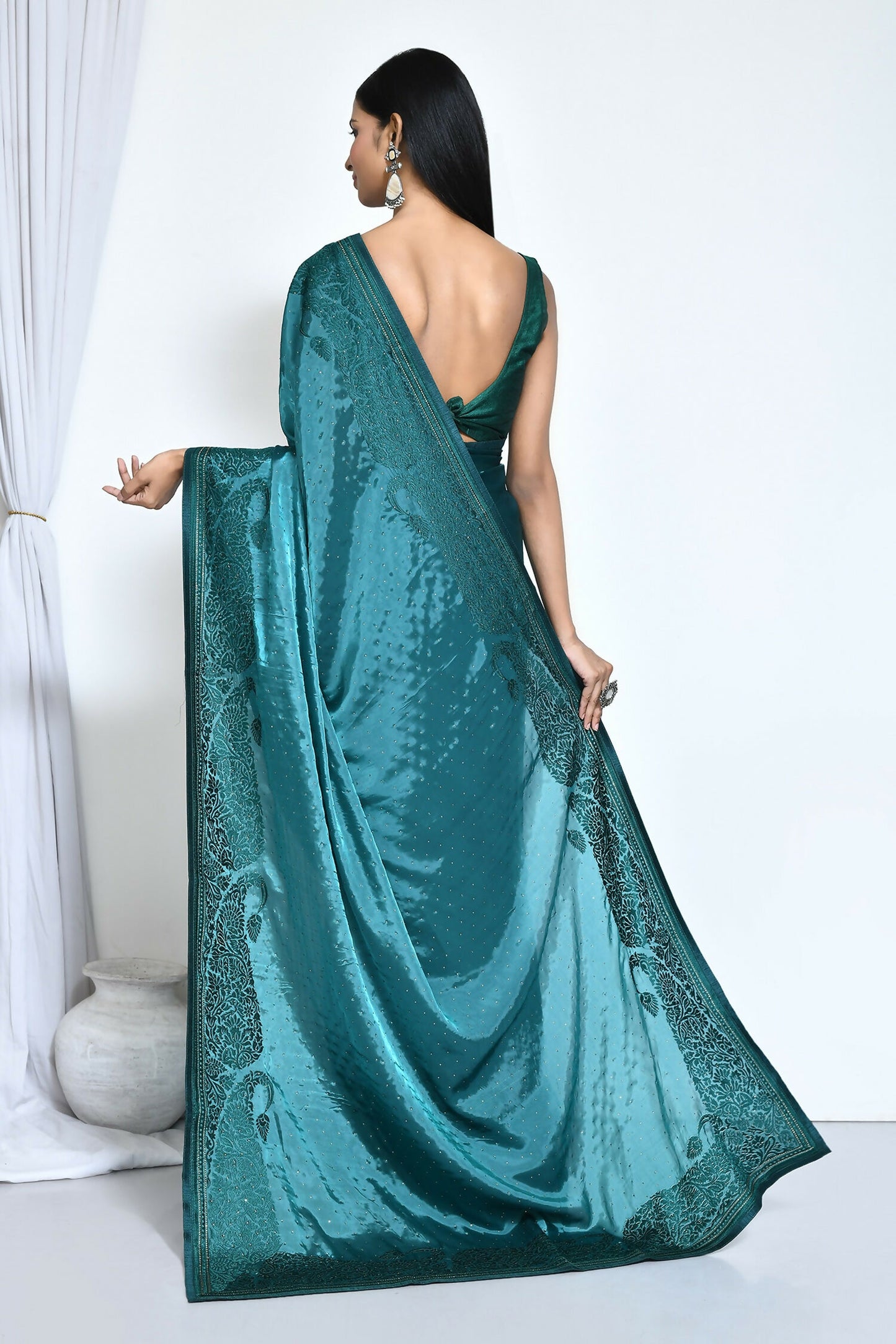 Light Blue Satin Silk Embroidered With Stone Work Festive Saree - Nimaya Denzy - Distacart