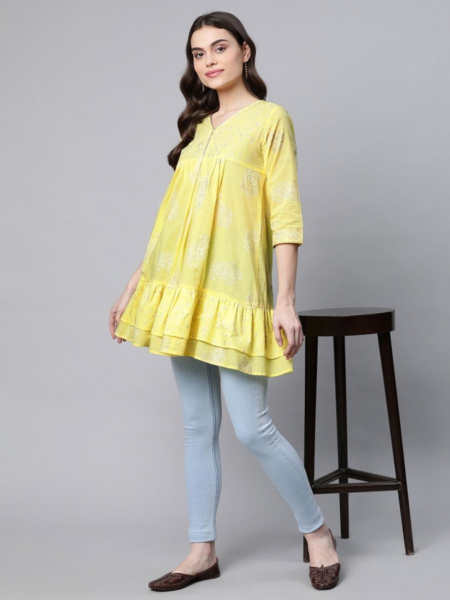 Ahalyaa Women Yellow Cotton Printed Tunic - Distacart