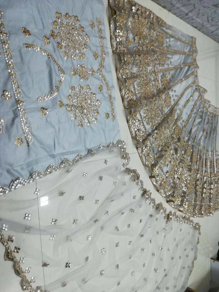 Jyoti Fashion Glamorous Grey Zari With Paper Mirror Embroidered Net Lehenga Choli with Dupatta - Distacart