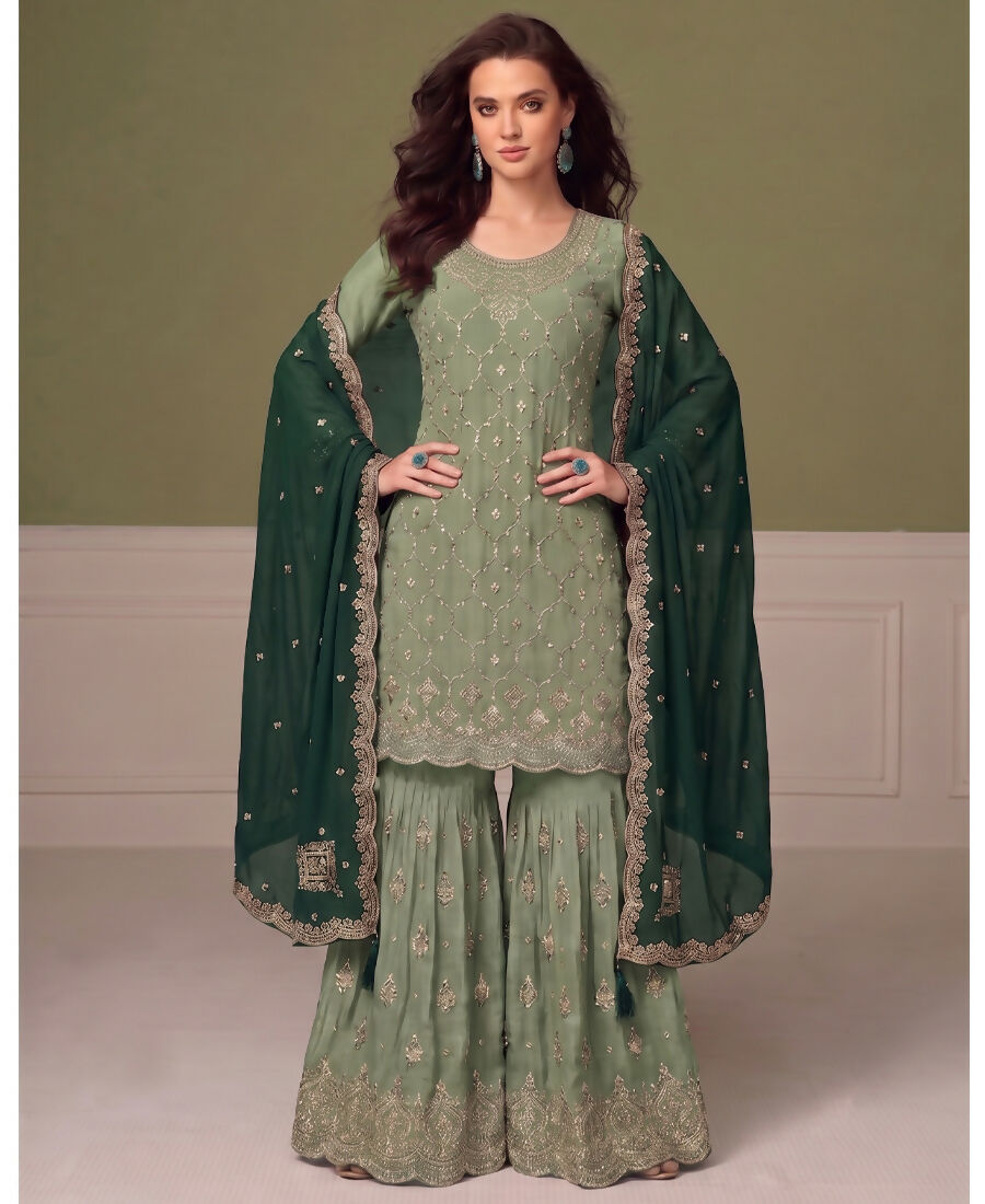 KC Heavy Chinon Pista Green Salwar Suit For Women Ethnic Wear - Dista