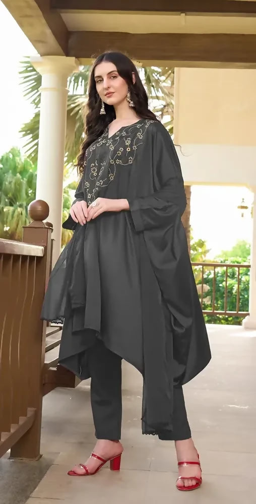Nikhaar Grey Embroidered Satin Asymmetrical Readymade Pakistani Suit