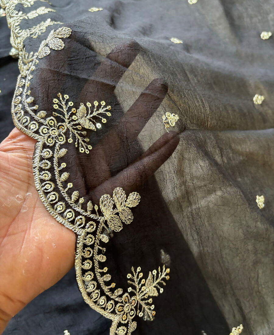 KC Black Wedding Wear Embroidered Crush Silk Salwar Suit - Dista