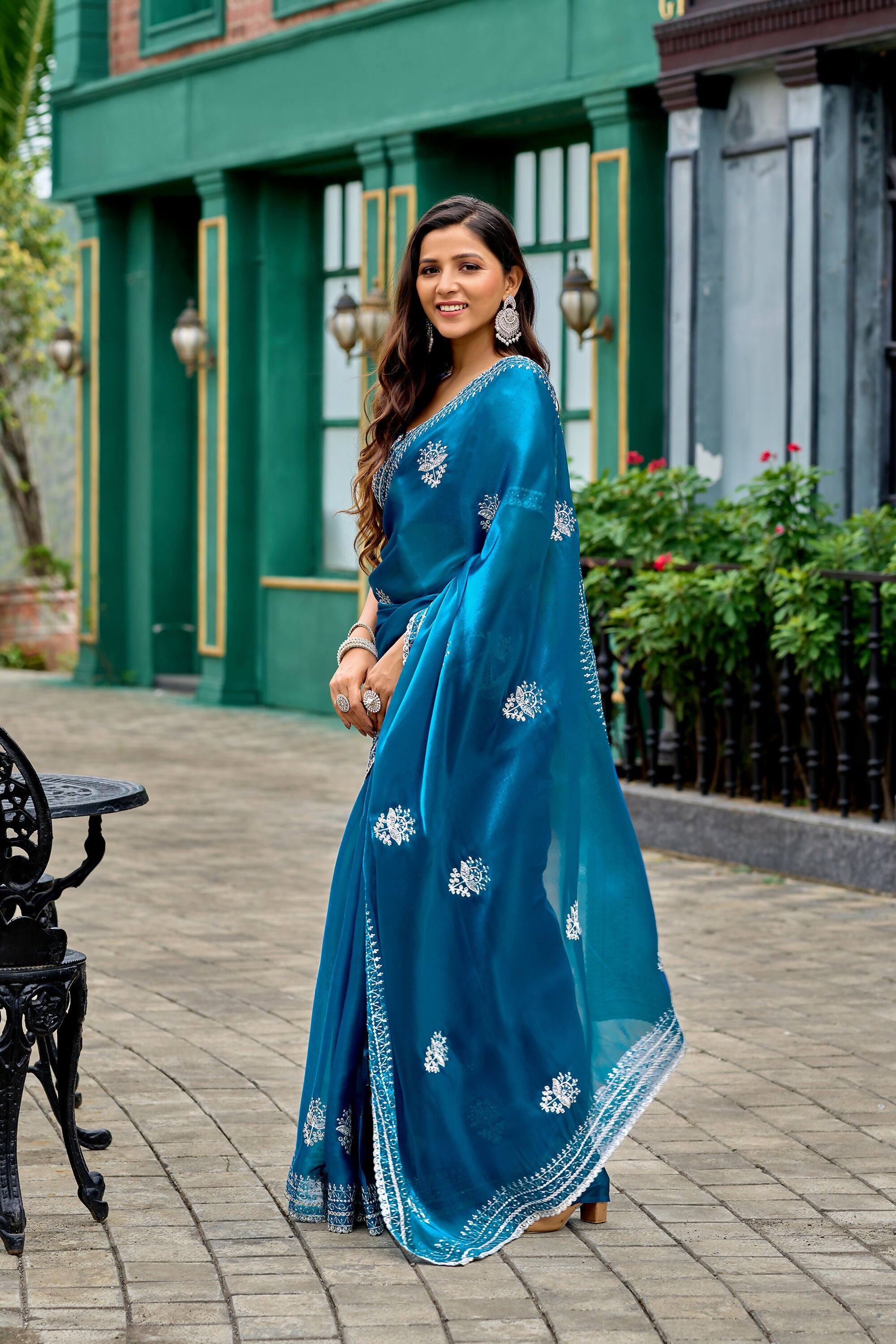 Vastranavya Sea Blue Embroidery Work Shimmer Chiffon Saree with Unstitched Blouse