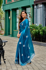 Thumbnail for Vastranavya Sea Blue Embroidery Work Shimmer Chiffon Saree with Unstitched Blouse