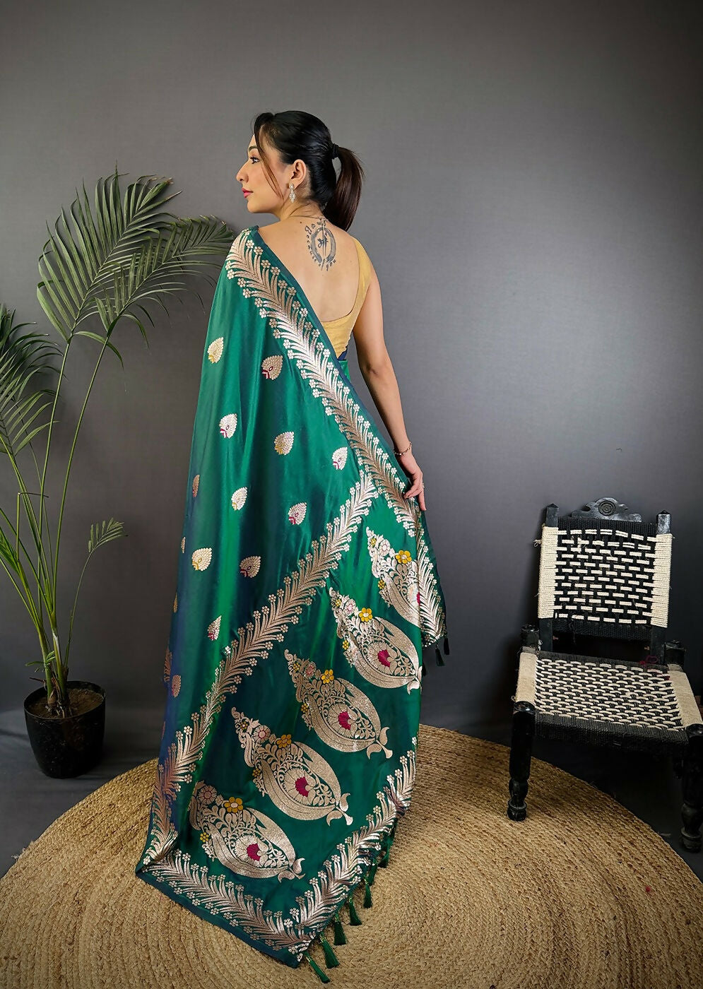 Joban Fashion Banarasi Dusty Teal Woven Soft Silk Saree