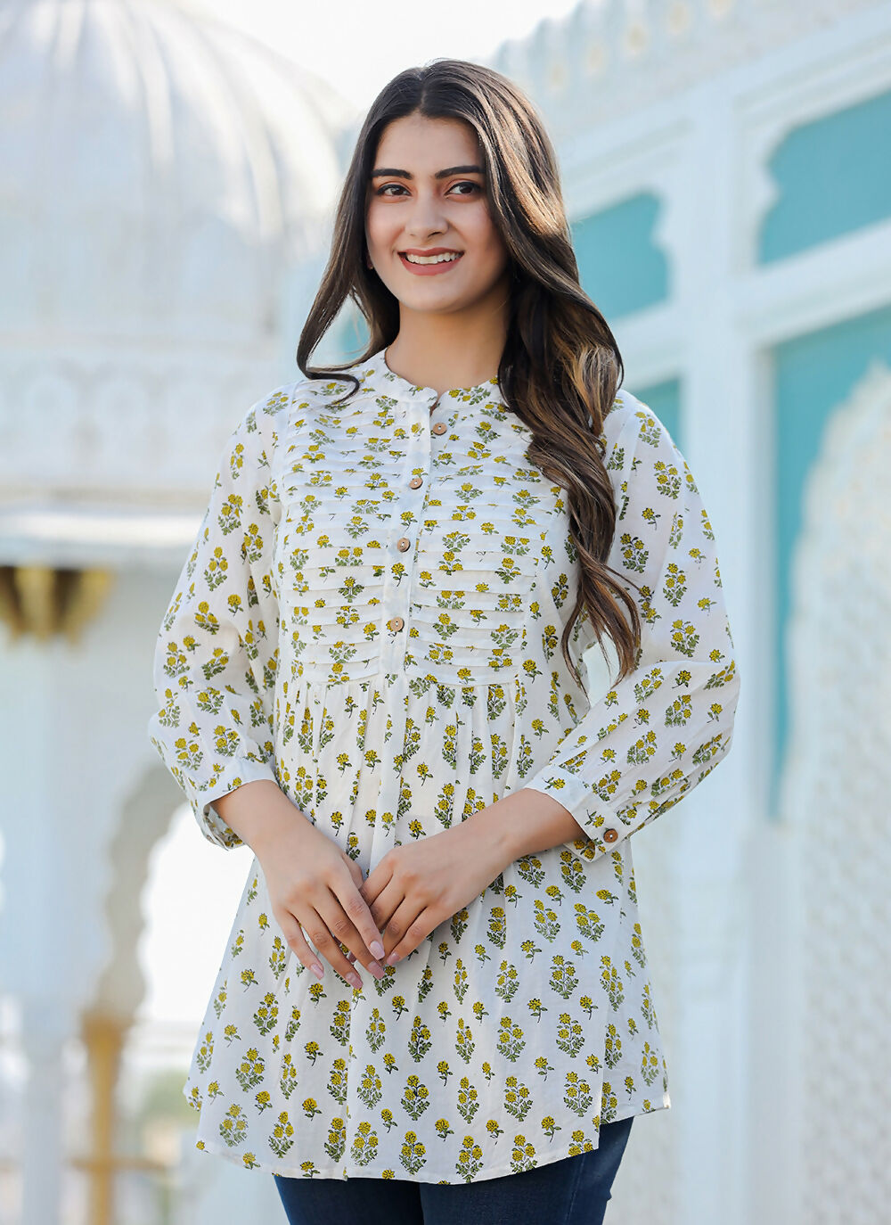 Kaajh Women's Yellow-White Floral Hand Block Printed Cotton Top - Distacart