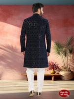 Thumbnail for Joban Fashion Men's Blue Base Straight Velvet Thread And Sequence Embroidary All Over Indo-Western Kurta Set - Distacart