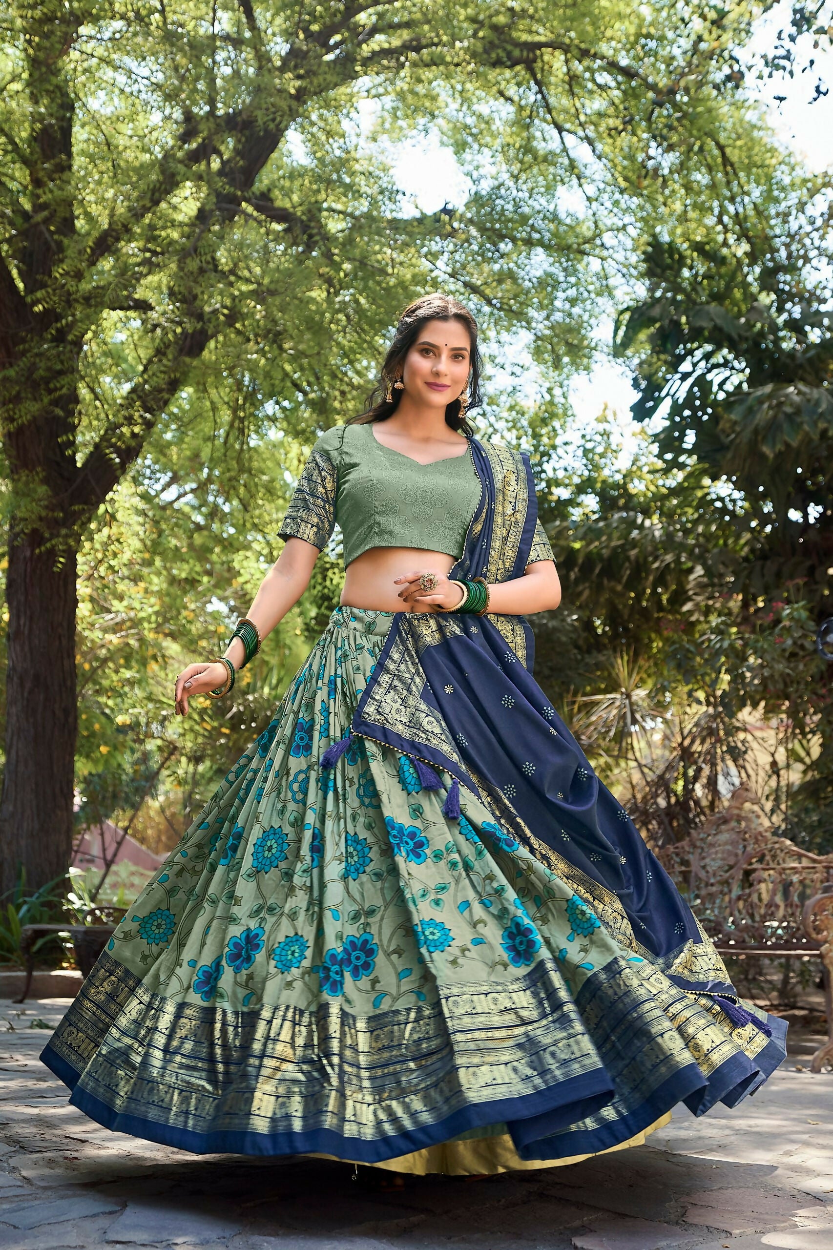Vastranavya Kalamkari Print With Foil Print Lehenga with Unstitched Printed Blouse - Sea Green - Distacart