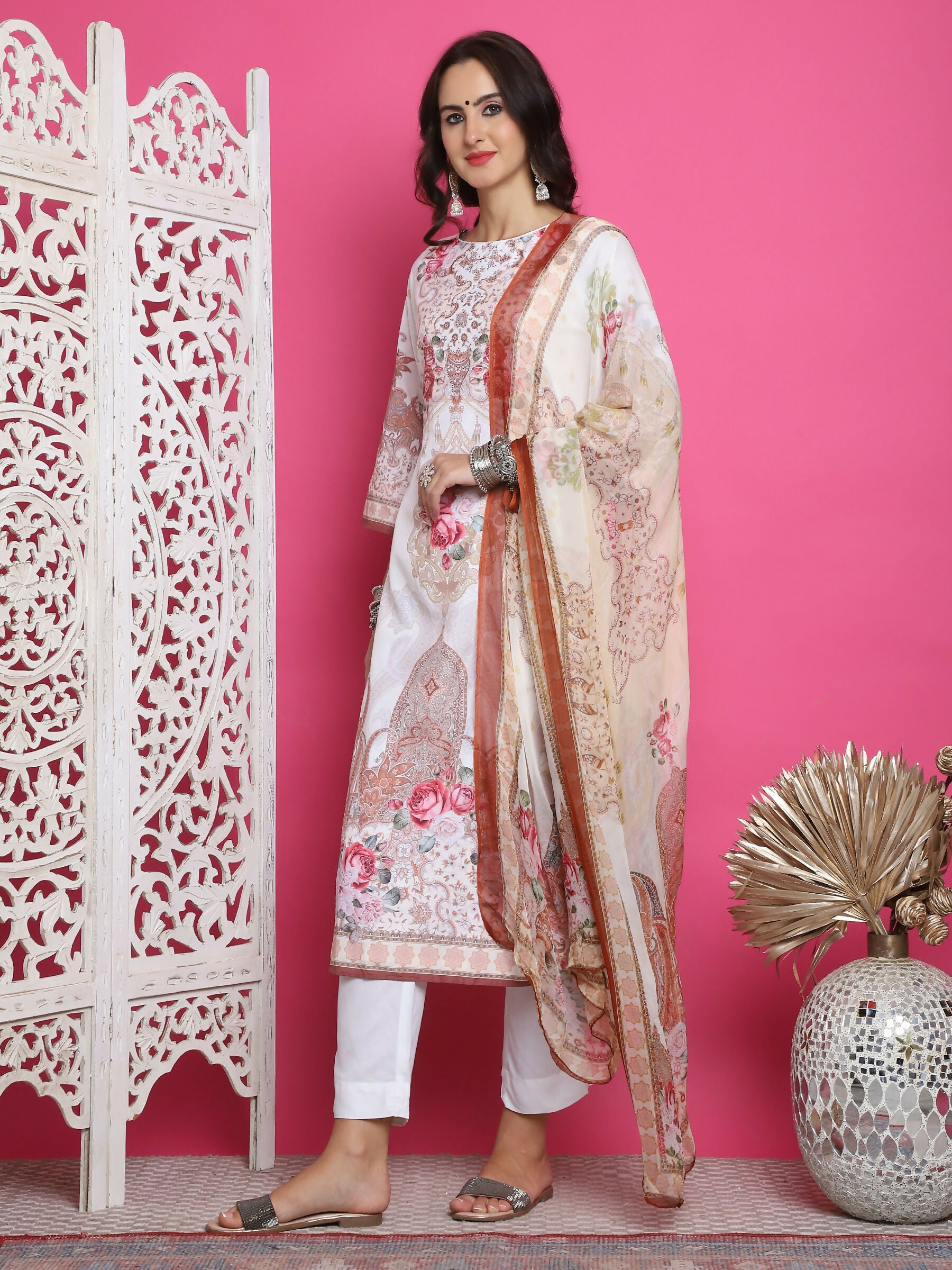 Jyoti Fashion Women's Cream Satin Traditional Digital Print with Crystal work Kurta with Trouser & Dupatta - Distacart