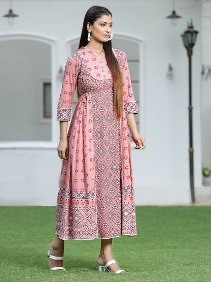 Juniper Peach Geometric Printed Pure Cotton Maxi Dress With Lace Work - Distacart