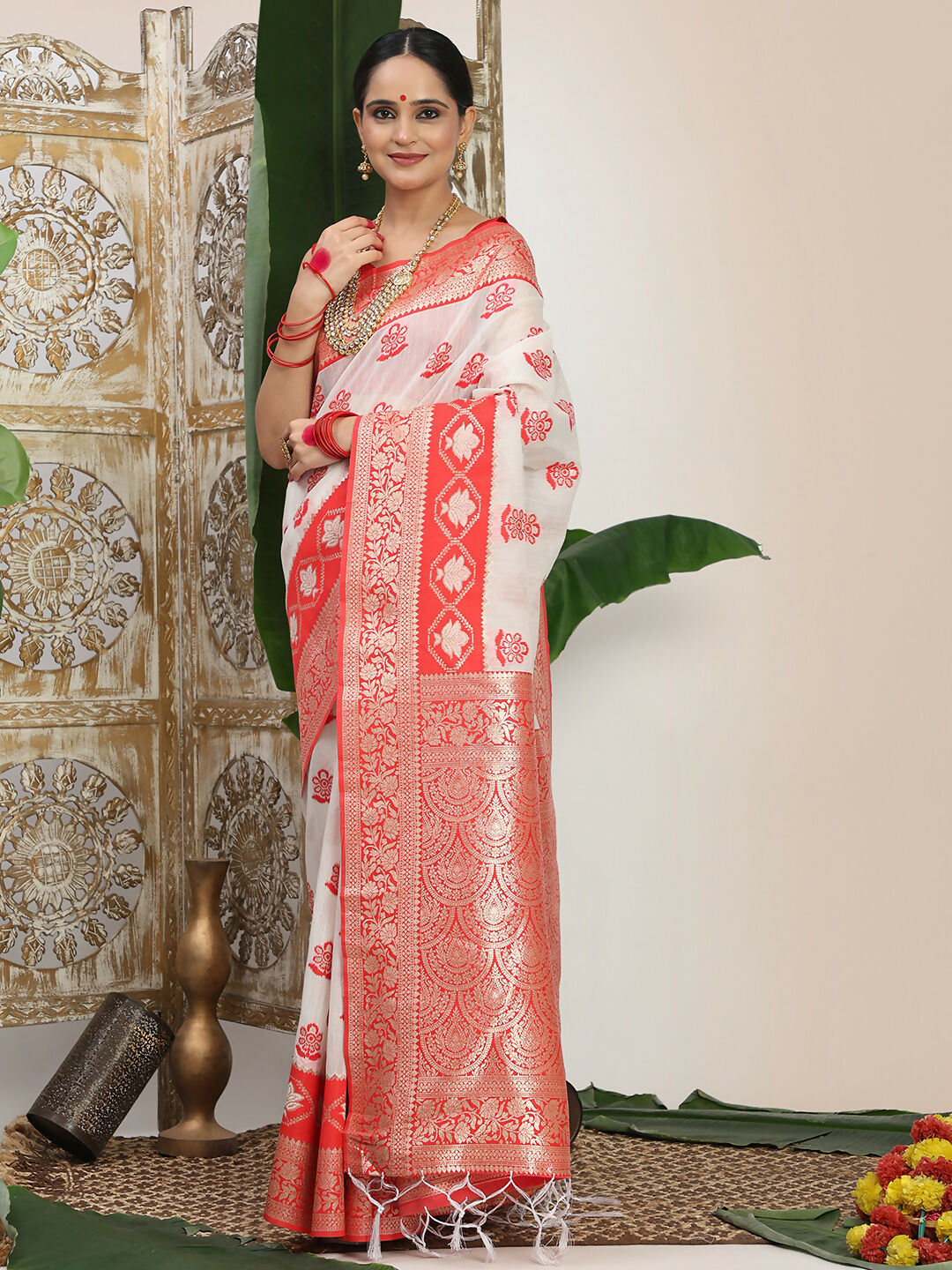 Astita Linen Cotton Red & White Saree