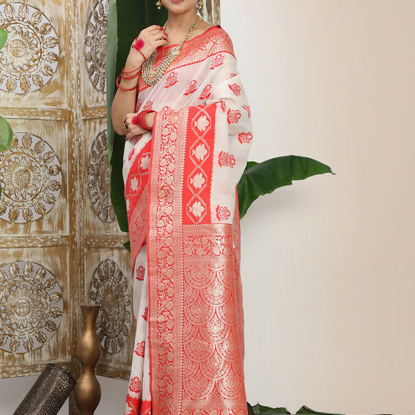Astita Linen Cotton Red & White Saree