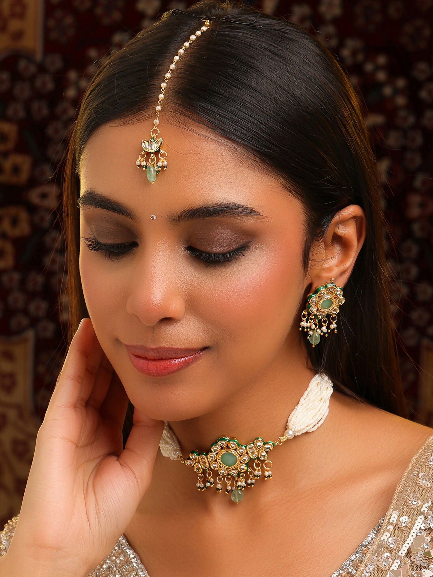 Ruby Raang Green-Gold Kundan Neck Piece With Matching Earrings And Maang Tikka - Distacart