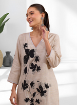 Thumbnail for Joban Fashion Beige Linen Embroidered Readymade Long Kurta With Pant - Distacart