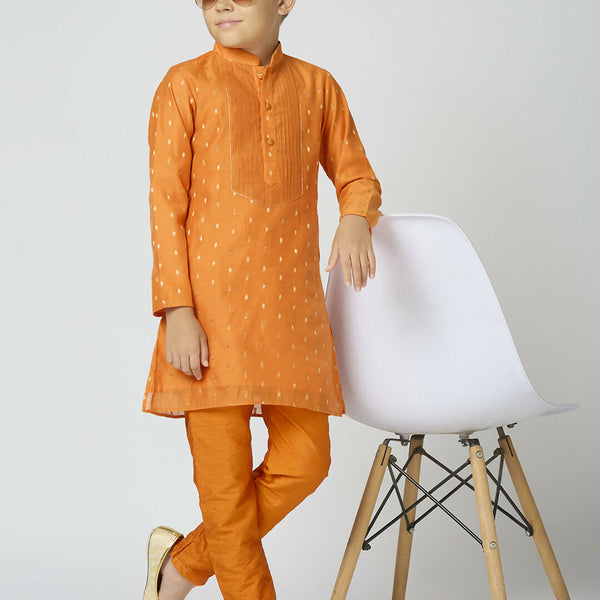 Joban Fashion Kids Island Full Sleeves Chanderi Kurta, Pyjama Set with Traditional Butta Work - Orange - Distacart