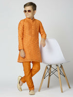 Thumbnail for Joban Fashion Kids Island Full Sleeves Chanderi Kurta, Pyjama Set with Traditional Butta Work - Orange - Distacart