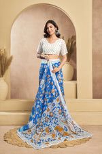 Thumbnail for Vastranavya Blue Digital Printed Linen Ready To Wear Designer Saree with Unstitched Blouse - Distacart