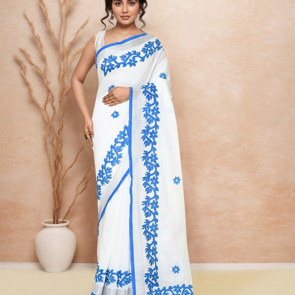 Joban Fashion White & Blue Cotton Applic Saree