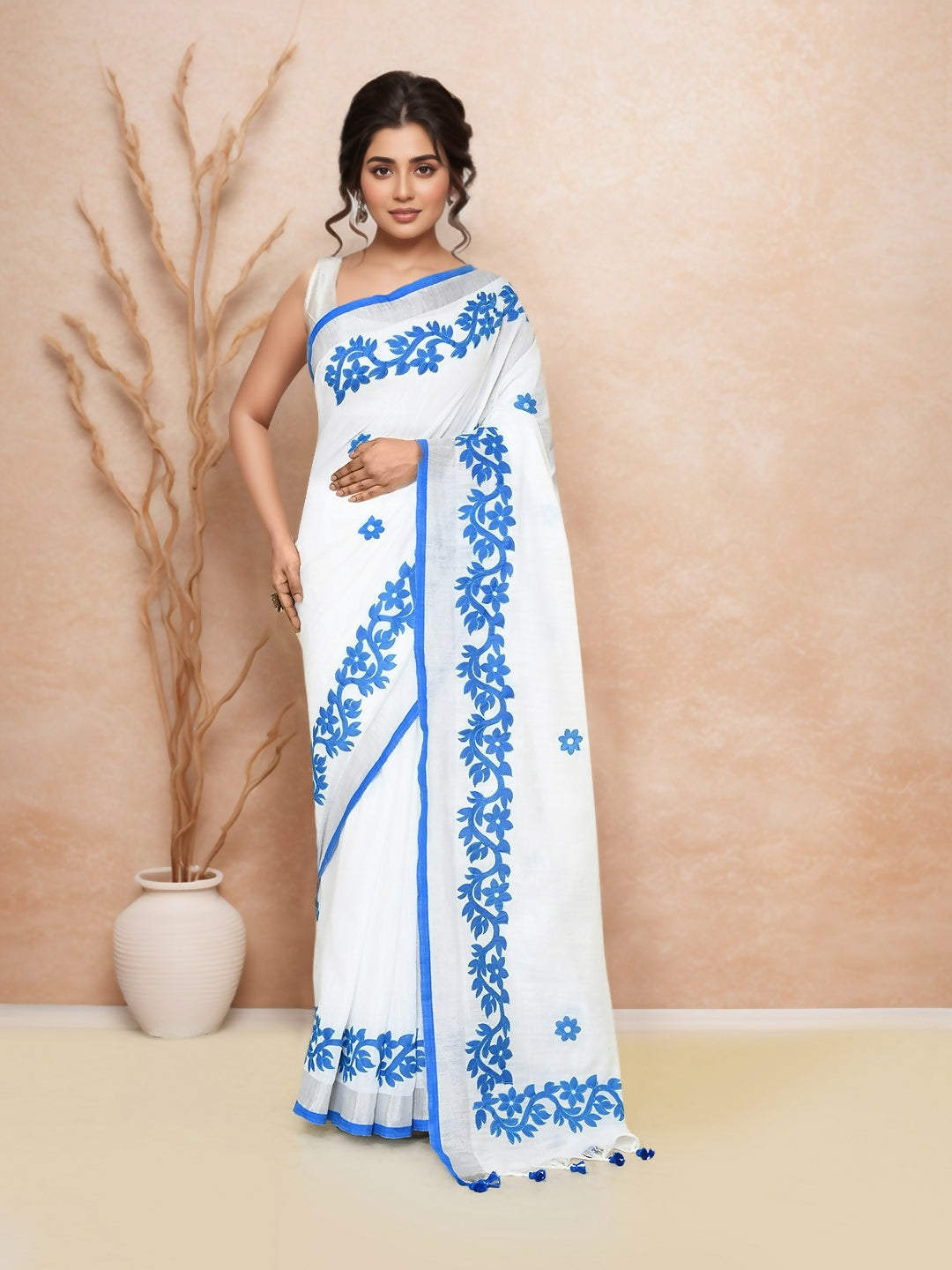 Joban Fashion White & Blue Cotton Applic Saree - Dista