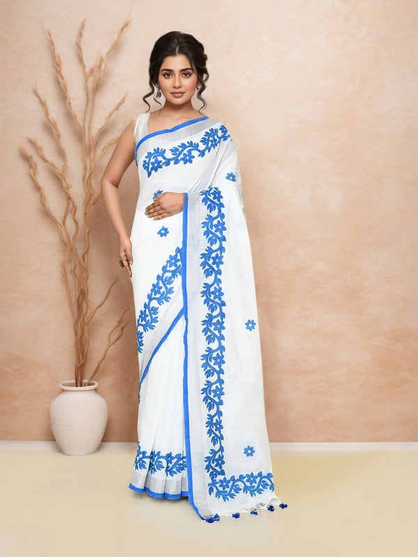 Joban Fashion White & Blue Cotton Applic Saree