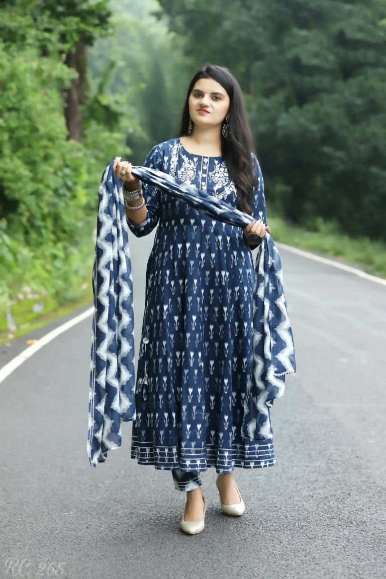 Alvano Anarkali Kurti with Pant and Dupatta set for Women and Girls Printed Cotton (Blue) - Distacart